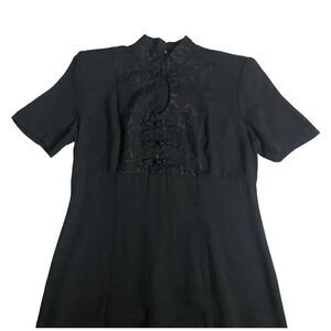 Vintage SL Fashions Dress 8 Black Maxi Keyhole Embroidered Toggle Oriental 90s